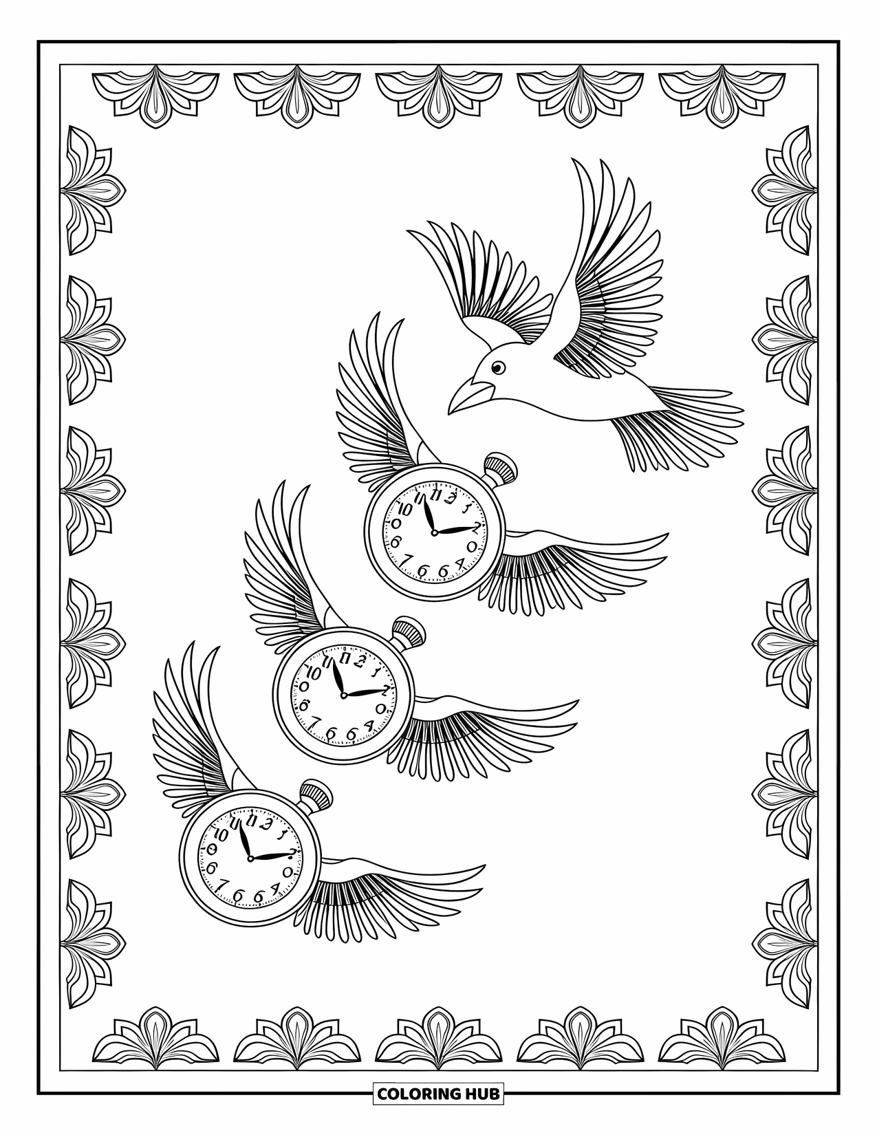 Creepy Trippy Coloring Page for Adults: Victorian pocket watches unravel as ravens emerge and soar through swirling designs