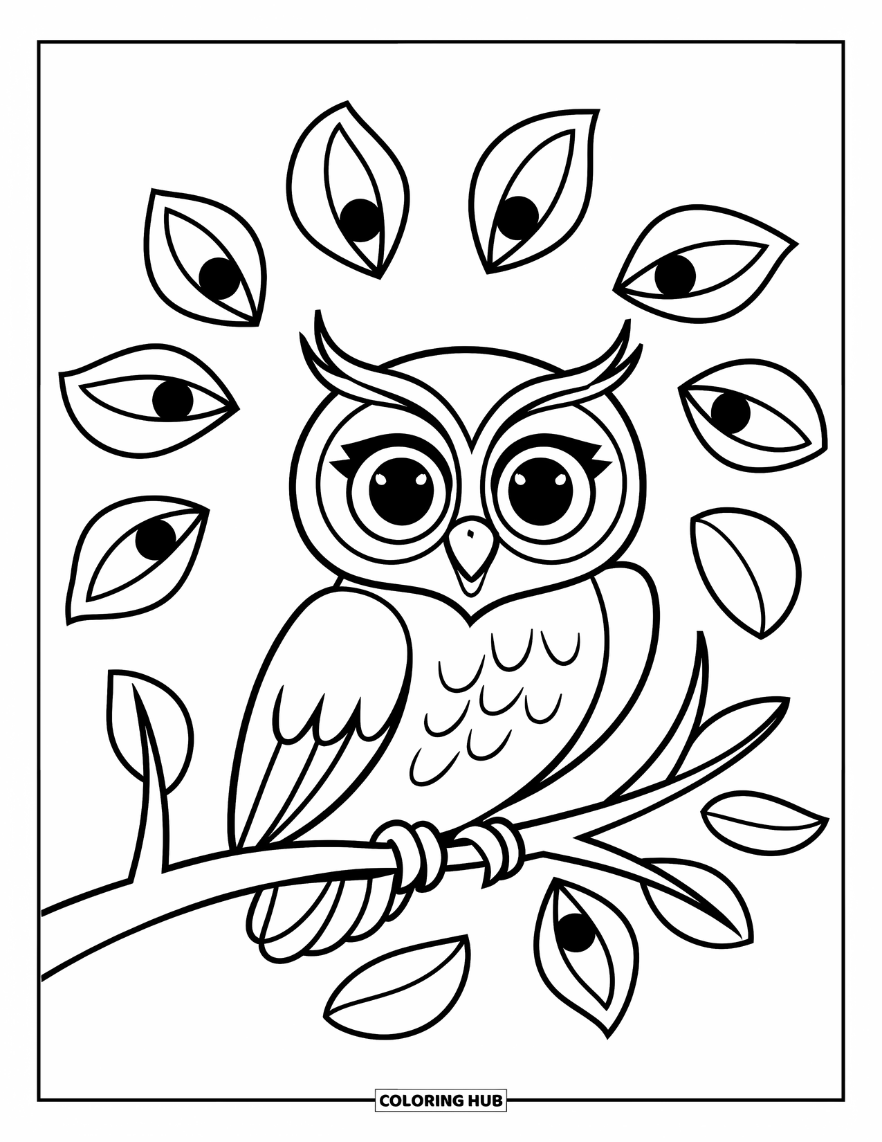 Creepy Trippy Coloring Page for Kids: A big-eyed owl sits on a branch surrounded by leaves shaped like curious eyes
