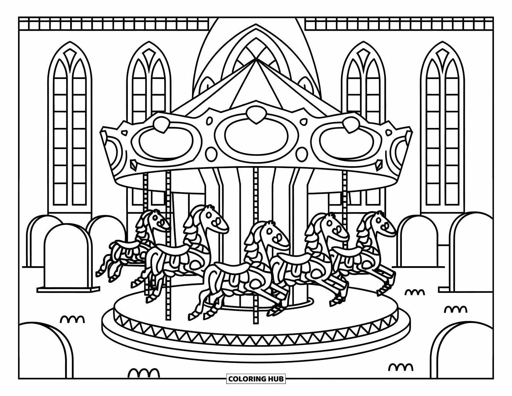 Creepy Trippy Coloring Page for Kids: A carousel of skeletal horses stands in a graveyard near a gothic, towering church