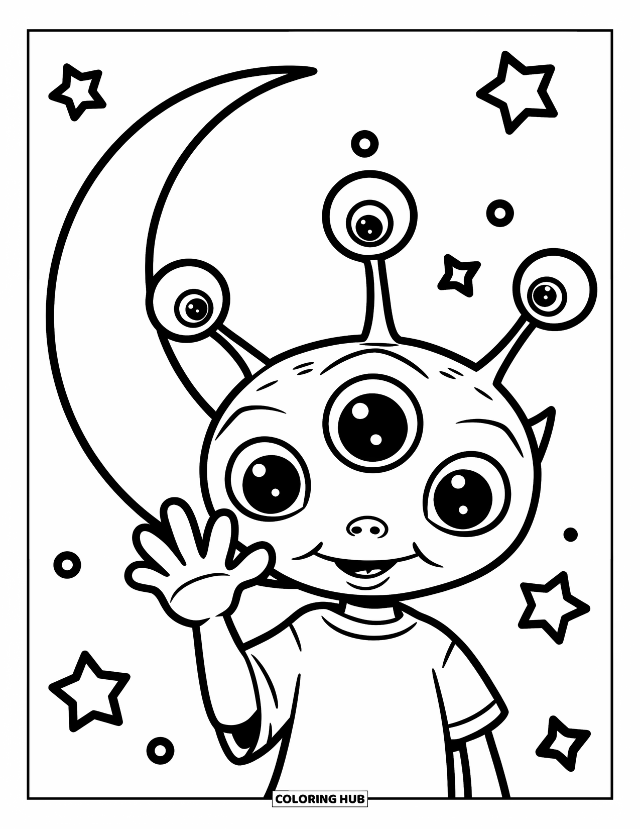Creepy Trippy Coloring Page for Kids: A cheerful alien with three eyes and a yellow shirt waves beneath a crescent moon