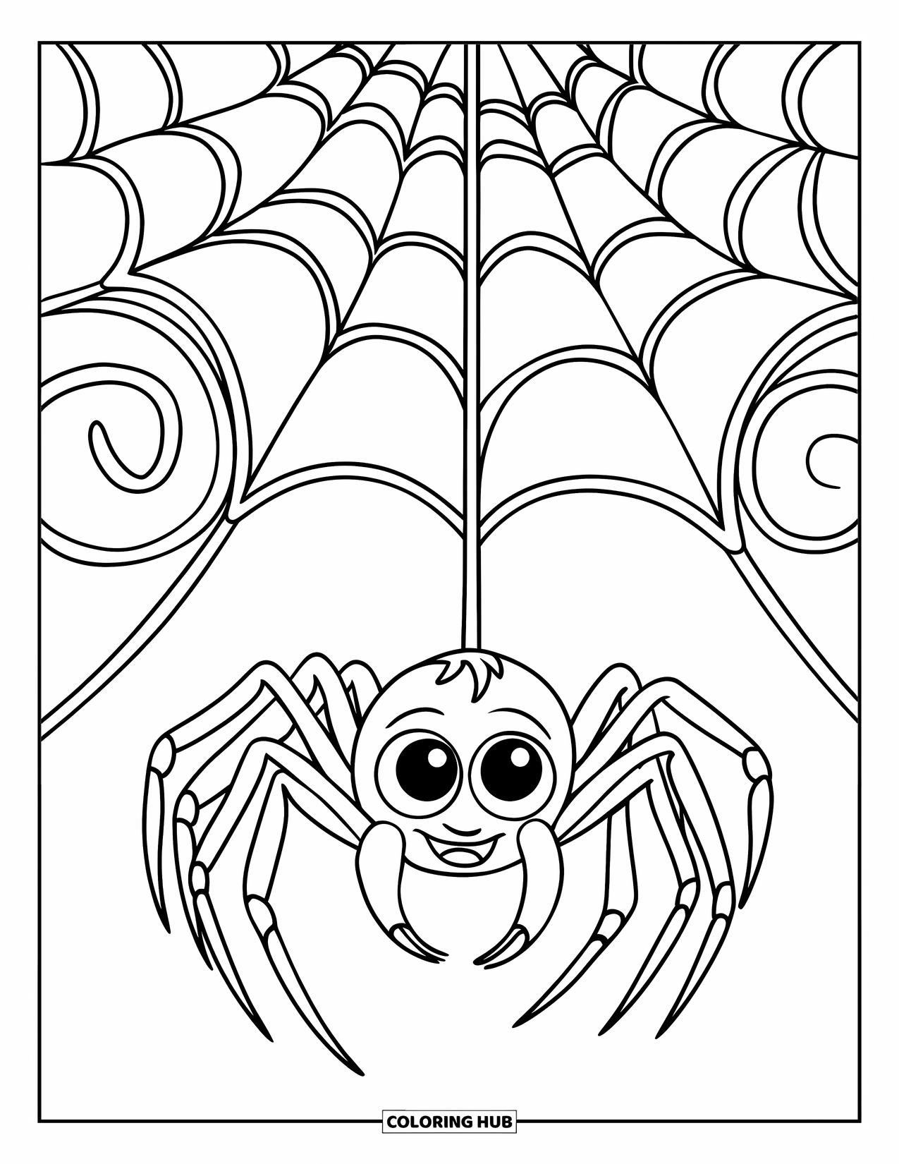 Creepy Trippy Coloring Page for Kids: A cheerful spider with big eyes dangles from a fun web of soft loops and curls