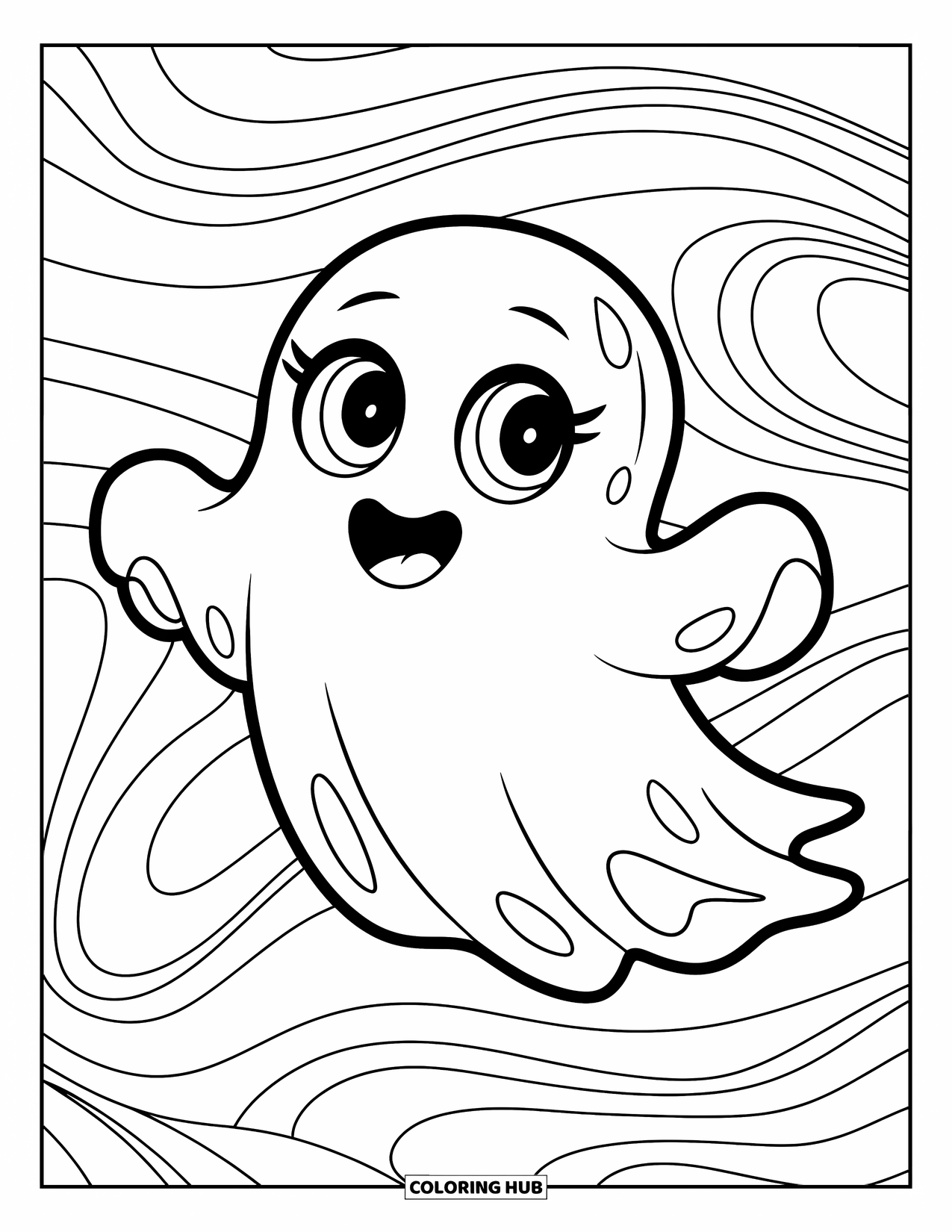 Creepy Trippy Coloring Page for Kids: A cute ghost with big eyes floats through swirling, trippy patterns