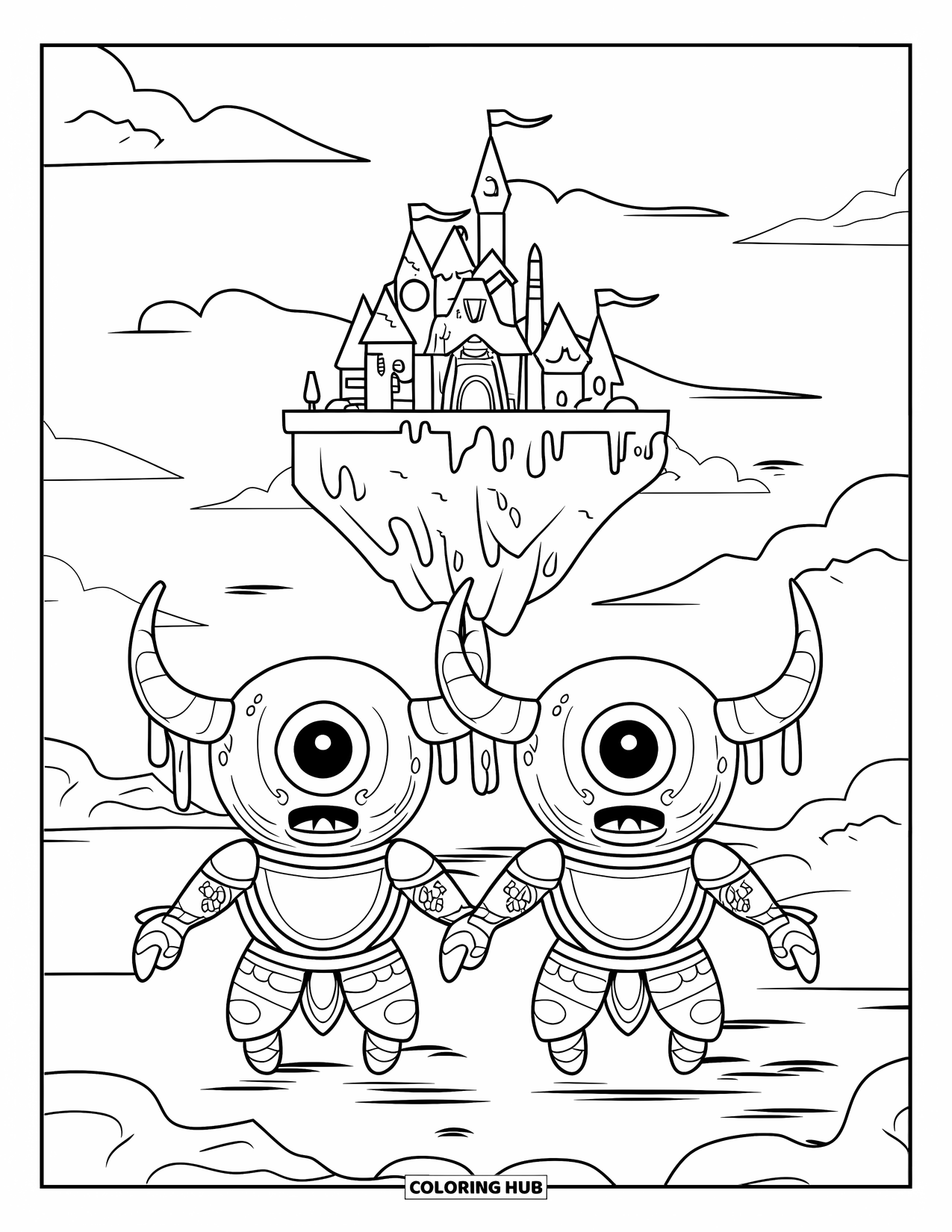 Creepy Trippy Coloring Page for Kids: A floating castle floats above the clouds guarded by one-eyed, armored creatures
