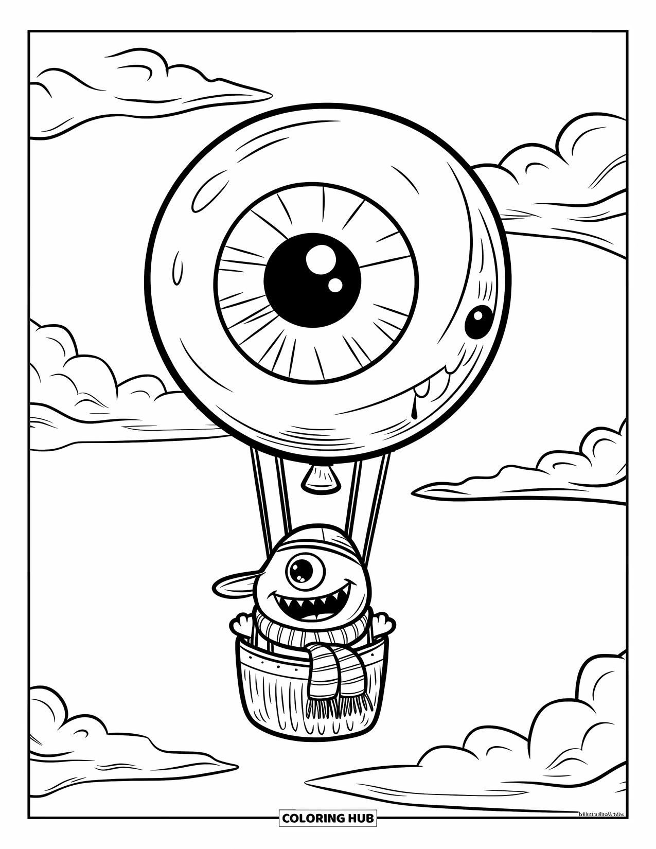 Creepy Trippy Coloring Page for Kids: A flying eyeball balloon carries a smiling tiny monster with a striped scarf through clouds