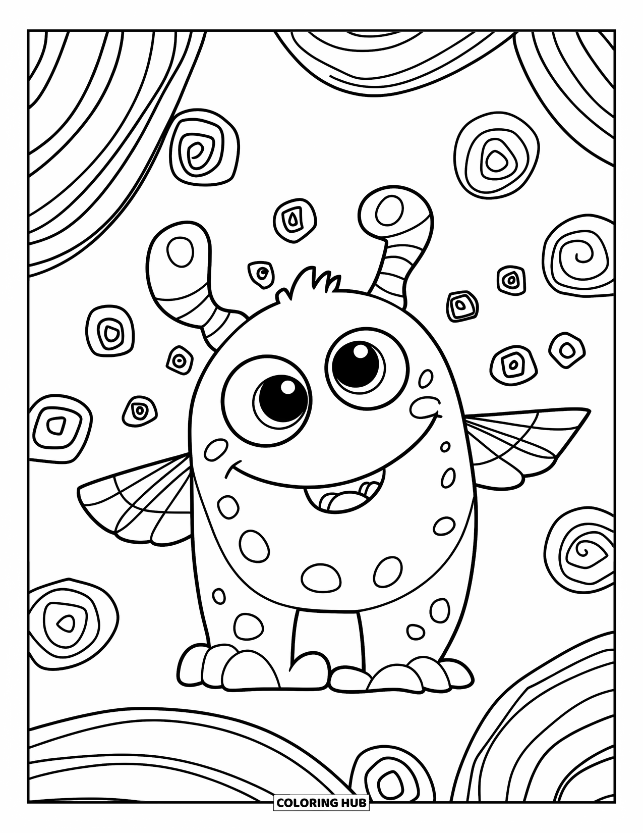 Creepy Trippy Coloring Page for Kids: A friendly monster with big eyes and tiny wings floats among simple swirling spirals