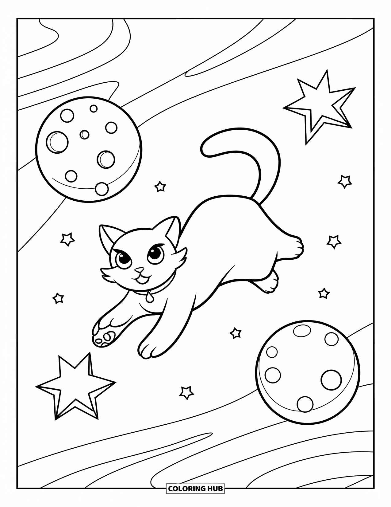 Creepy Trippy Coloring Page for Kids: A ghost cat with a long tail drifts through a sky with craters, moons, and bending stars