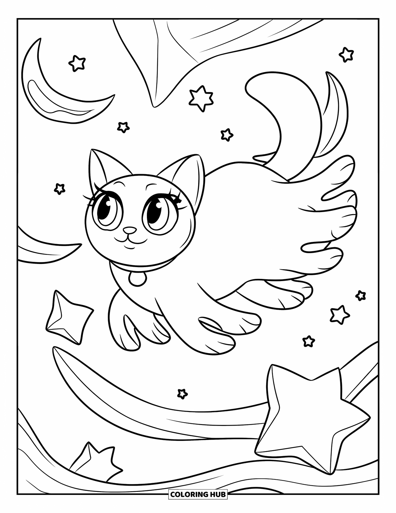 Creepy Trippy Coloring Page for Kids: A ghost cat with large eyes floats through a night sky of moons and soft stars