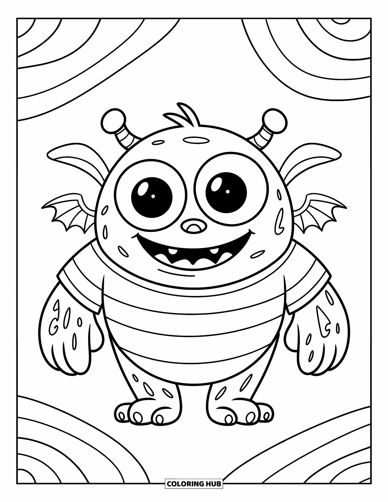 Creepy Trippy Coloring Page for Kids: A grinning monster with tiny wings and a striped shirt floats among playful spirals