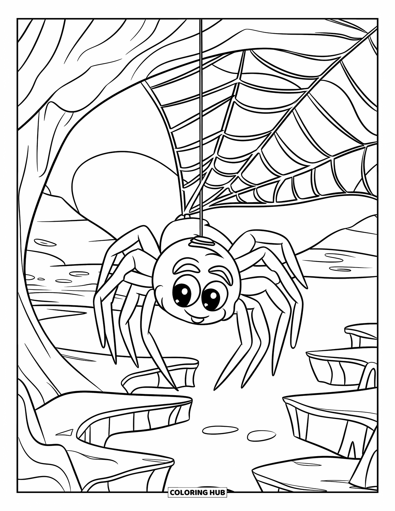 Creepy Trippy Coloring Page for Kids: A happy spider with big eyes swings from a soft web above floating islands and a bright sky