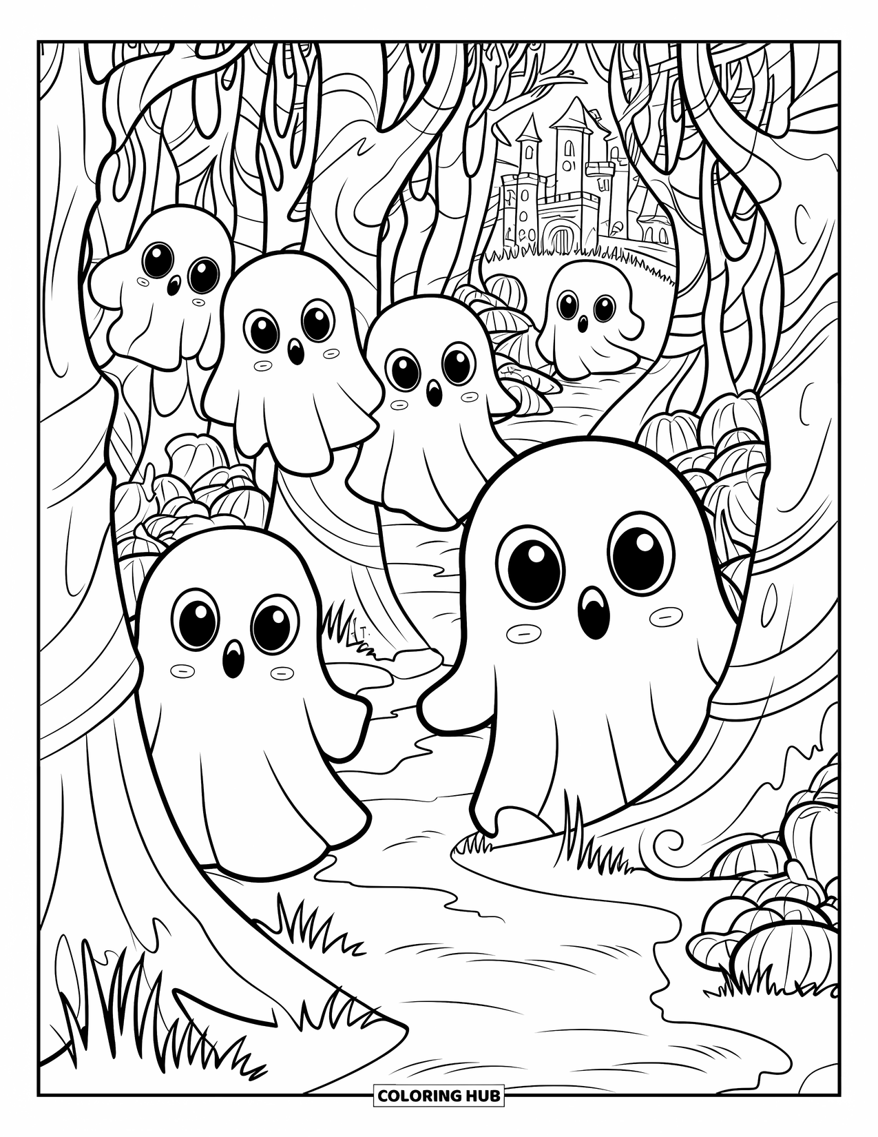 Creepy Trippy Coloring Page for Kids: A haunted forest of spiral trees hides cute ghosts with old-fashioned clothes along the path