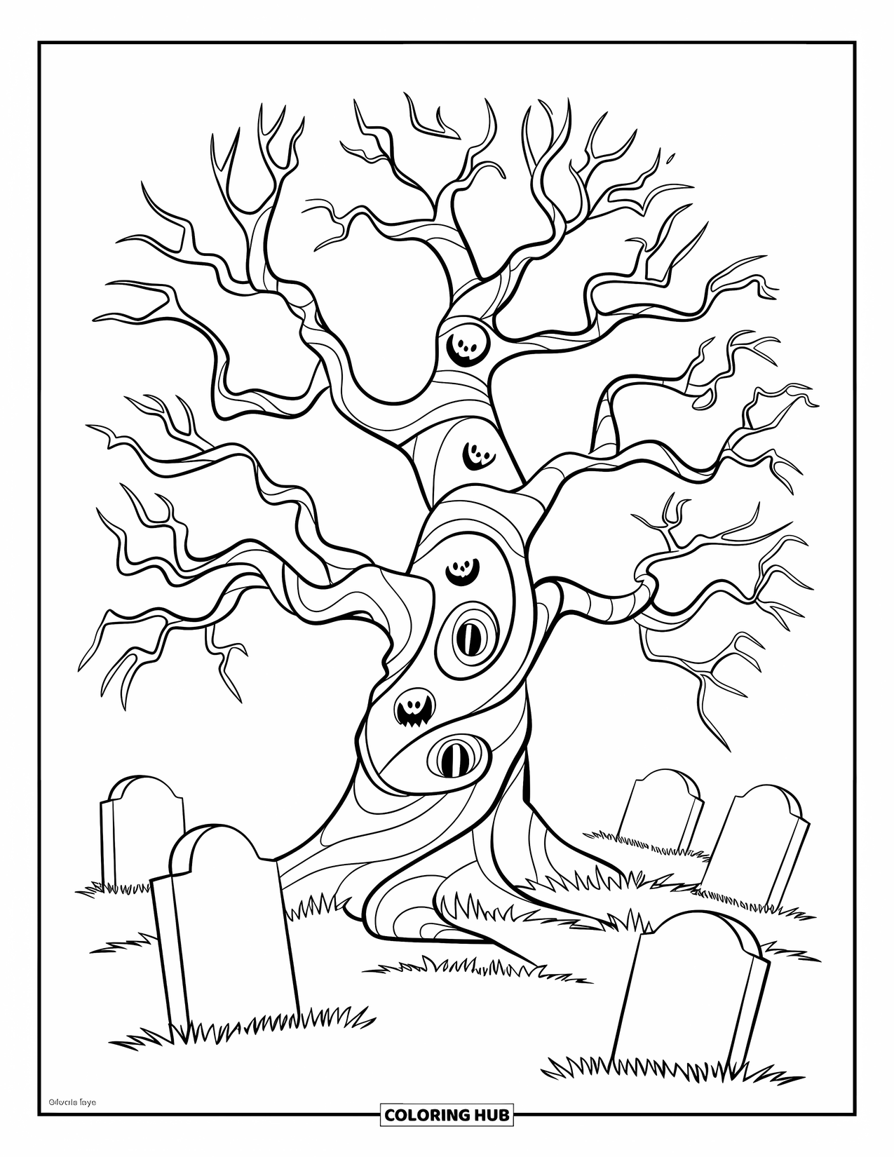Creepy Trippy Coloring Page for Kids: A haunted tree with spiral bark and tiny staring faces stands in a spooky graveyard