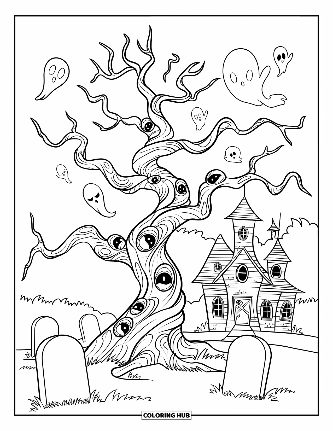 Creepy Trippy Coloring Page for Kids: A haunted tree with spiraled bark and tiny faces stands by tombstones and a spooky mansion