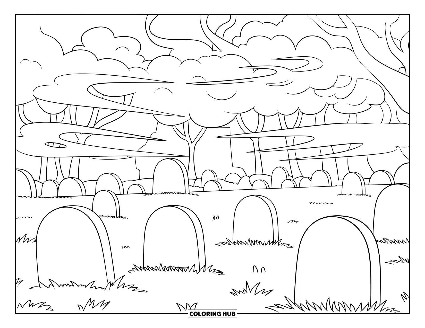 Creepy Trippy Coloring Page for Kids: A misty graveyard of rounded headstones swirls with playful fog and distant trees