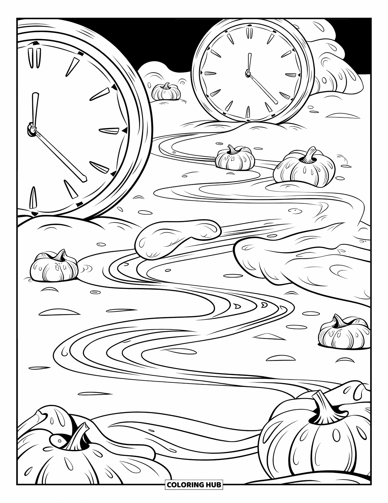 Creepy Trippy Coloring Page for Kids: A misty world of cracked clocks, melting pumpkins, and swirling fog stretches ahead