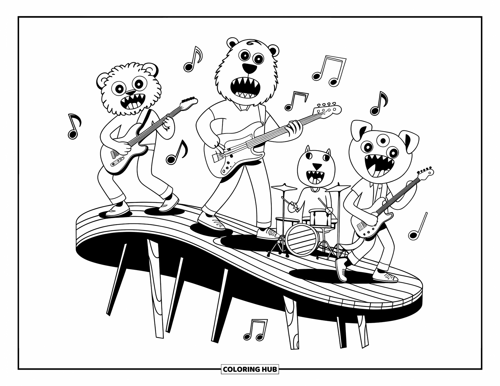 Creepy Trippy Coloring Page for Kids: A monster band with animal heads plays music on a warped wooden stage with notes