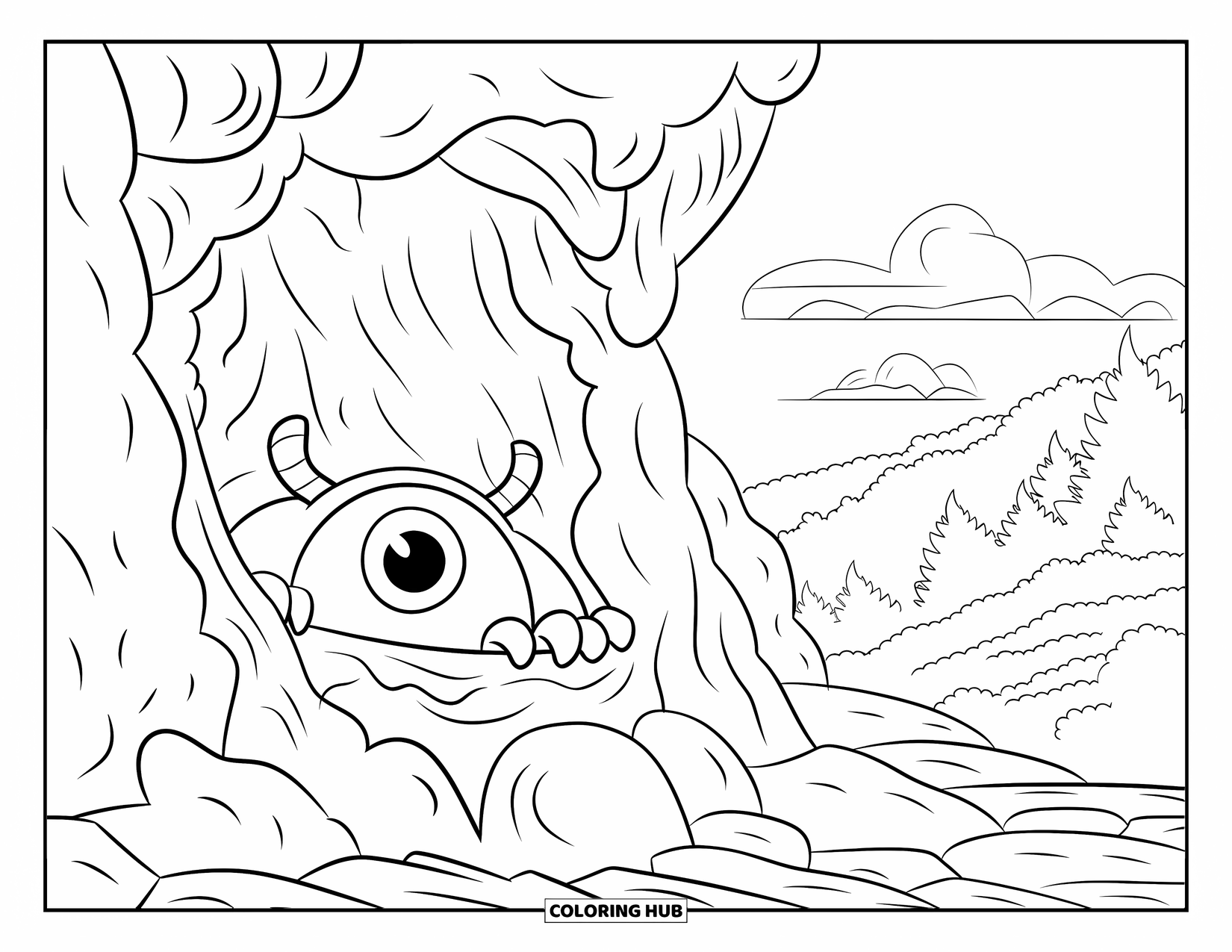 Creepy Trippy Coloring Page for Kids: A one-eyed monster peeks from a rocky cave in a forest with tall trees