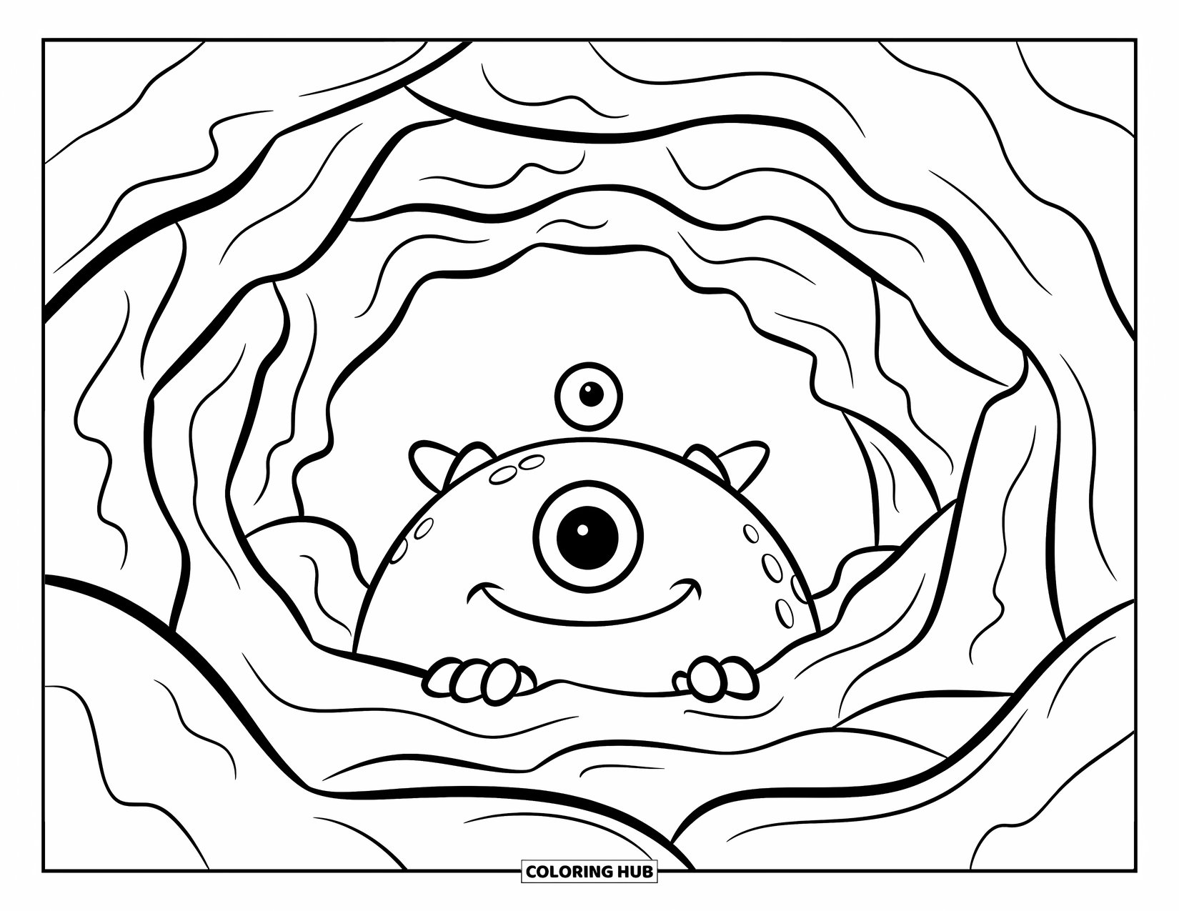 Creepy Trippy Coloring Page for Kids: A one-eyed monster with a round body peeks from a bumpy cave under a clear sky