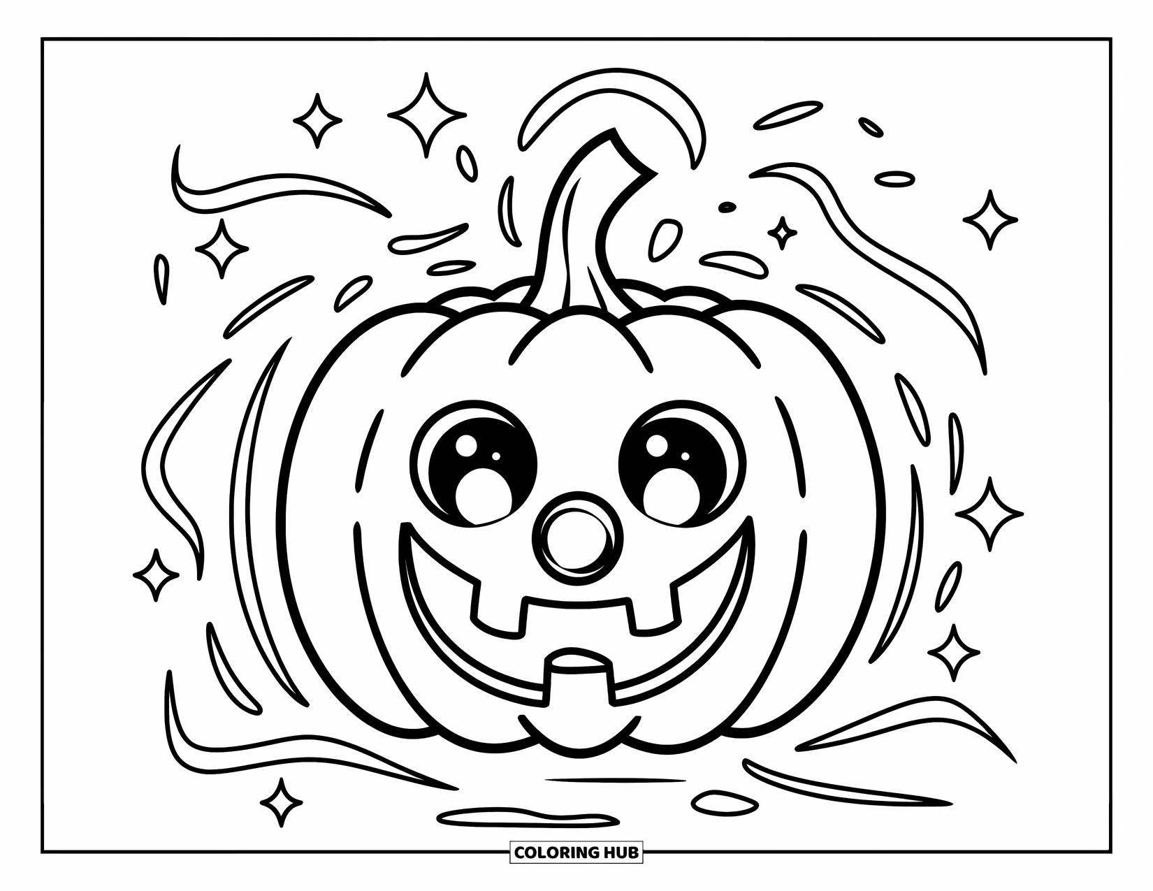 Creepy Trippy Coloring Page for Kids: A pumpkin with a silly face floats among wobbly lines and sparkles
