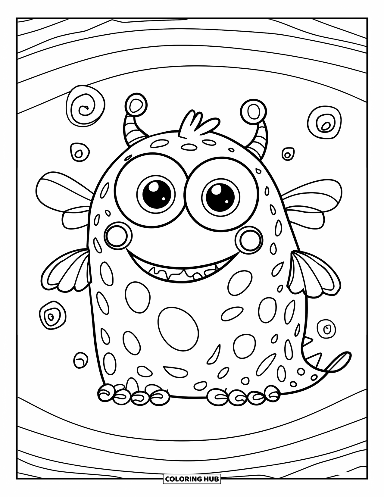 Creepy Trippy Coloring Page for Kids: A round, big-eyed monster with tiny wings smiles among simple spirals