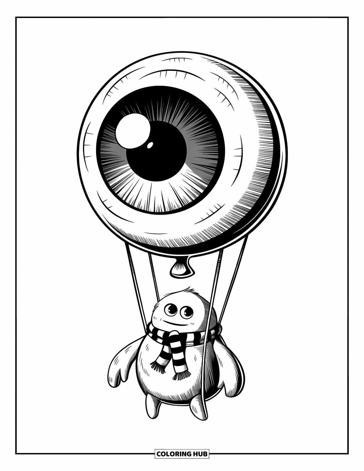 Creepy Trippy Coloring Page for Kids: A round monster with a striped scarf floats happily on an eyeball balloon