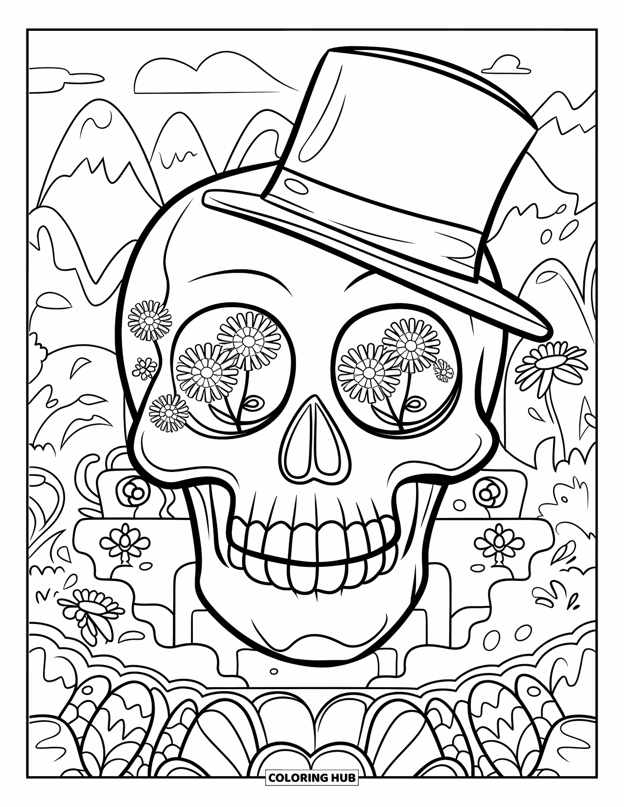 Creepy Trippy Coloring Page for Kids: A skull wearing a top hat sits in a garden, sprouting flowers from its eyes