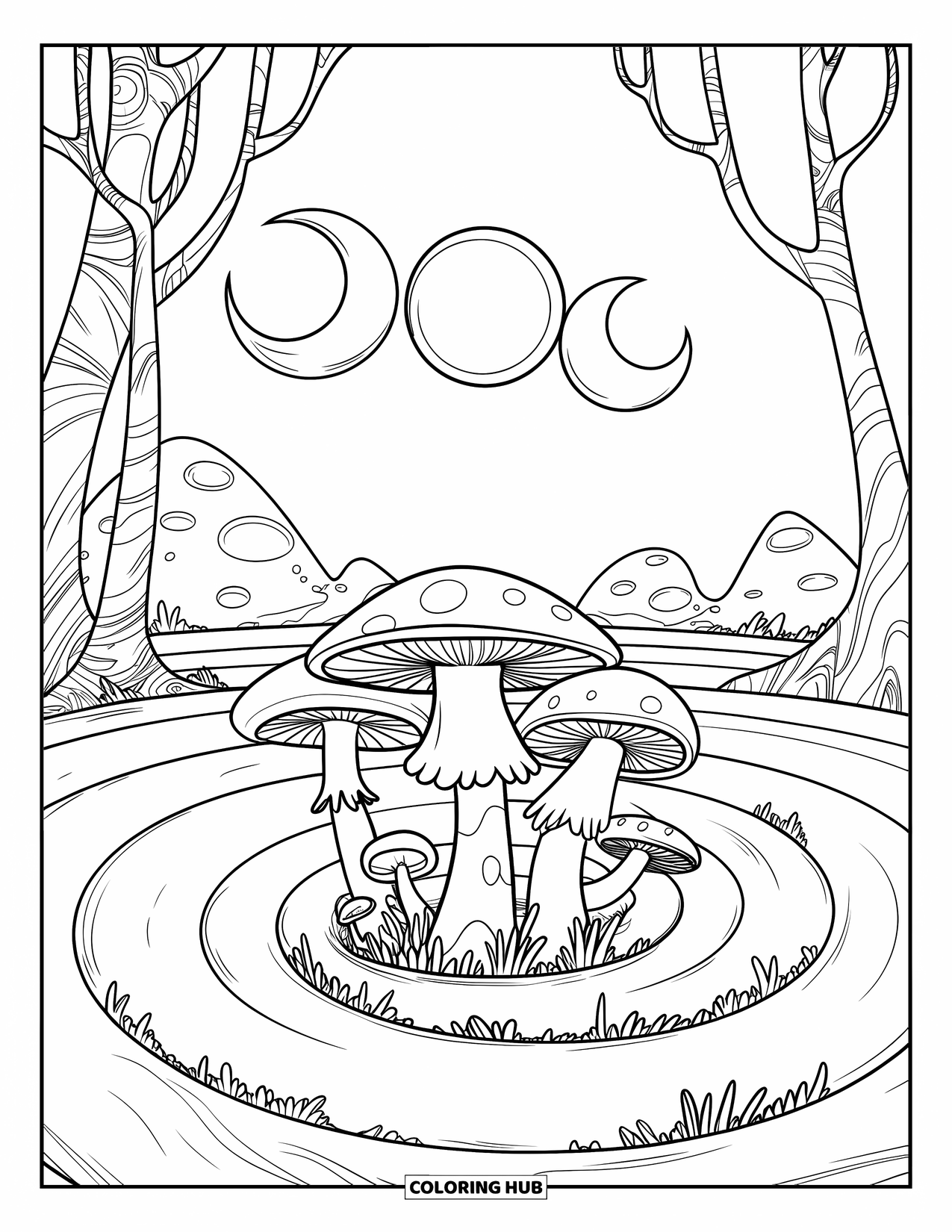 Creepy Trippy Coloring Page for Kids: A spiral field of otherworldly mushrooms grows under craters, mountains, and three moons