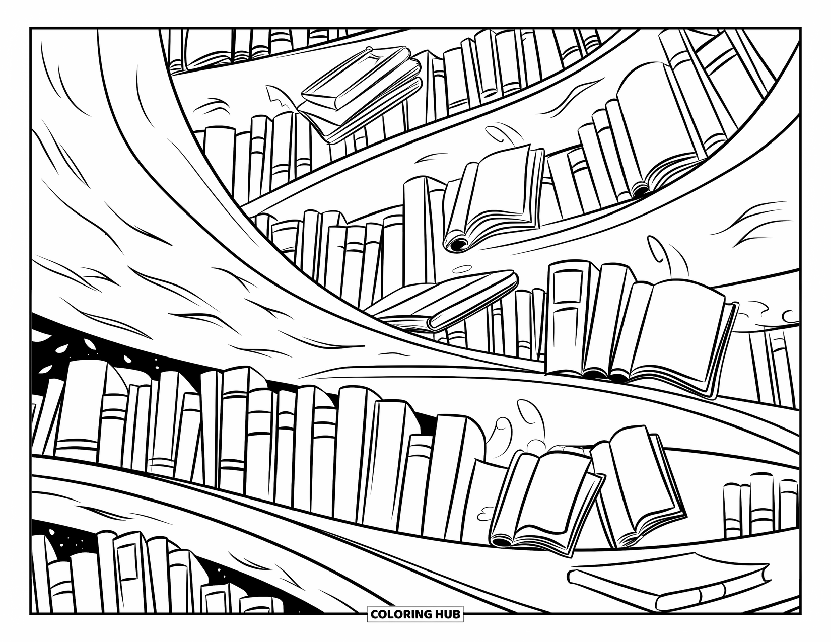 Creepy Trippy Coloring Page for Kids: A spooky library with twisting shelves and hovering books glows with ghostly light