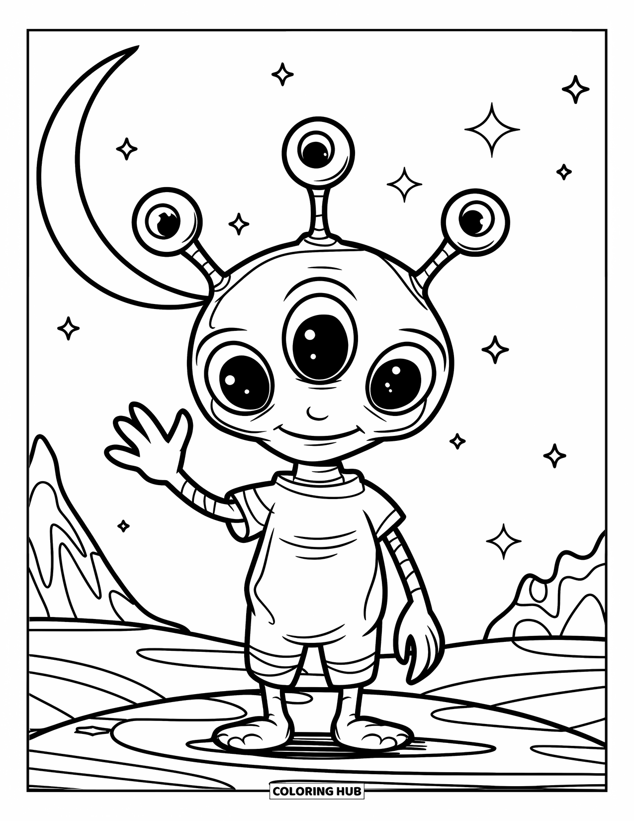 Creepy Trippy Coloring Page for Kids: A three-eyed alien stands on a rocky planet waving under a crescent moon