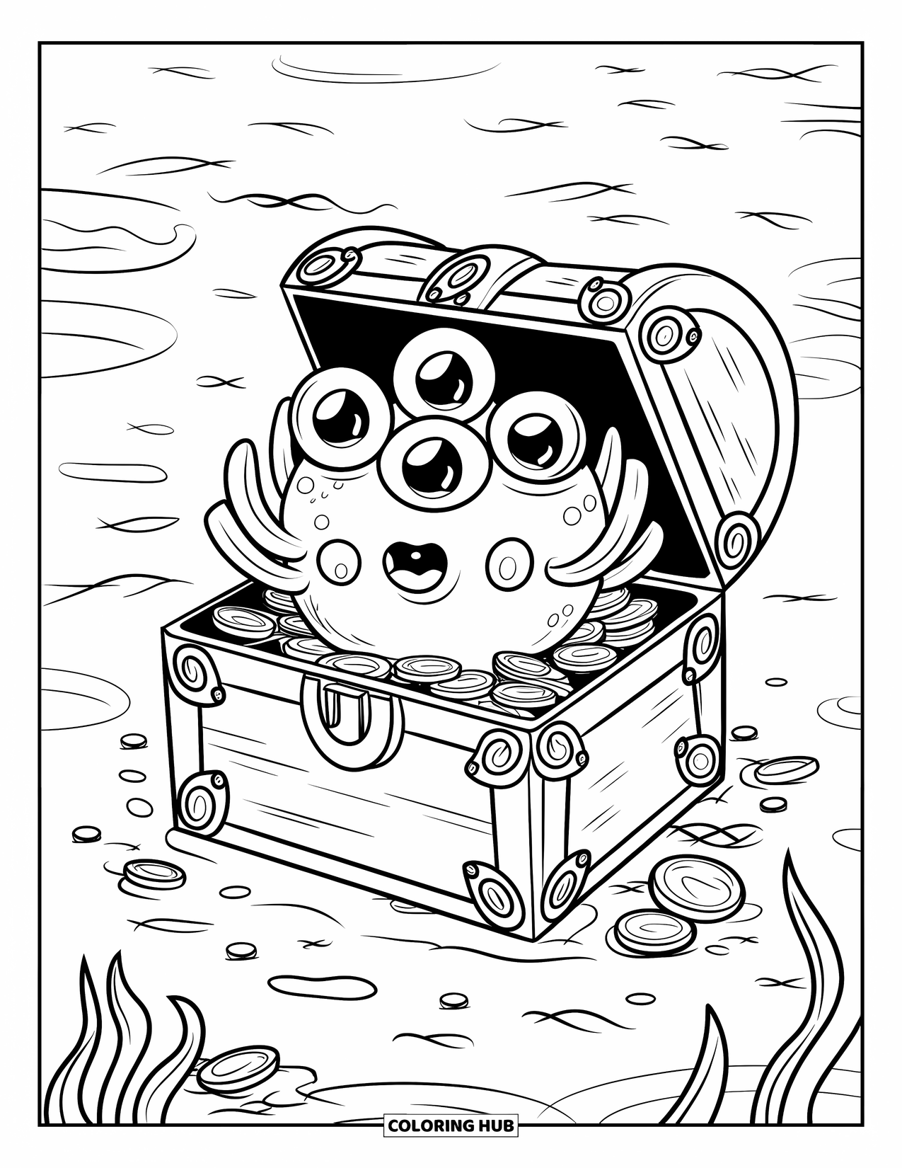 Creepy Trippy Coloring Page for Kids: A three-eyed sea creature guards a treasure chest surrounded by seaweed and calm waves