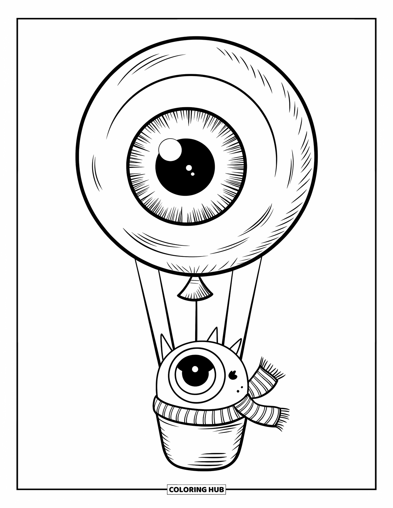 Creepy Trippy Coloring Page for Kids: A tiny monster with a striped scarf floats on a flying eyeball balloon under a clear sky