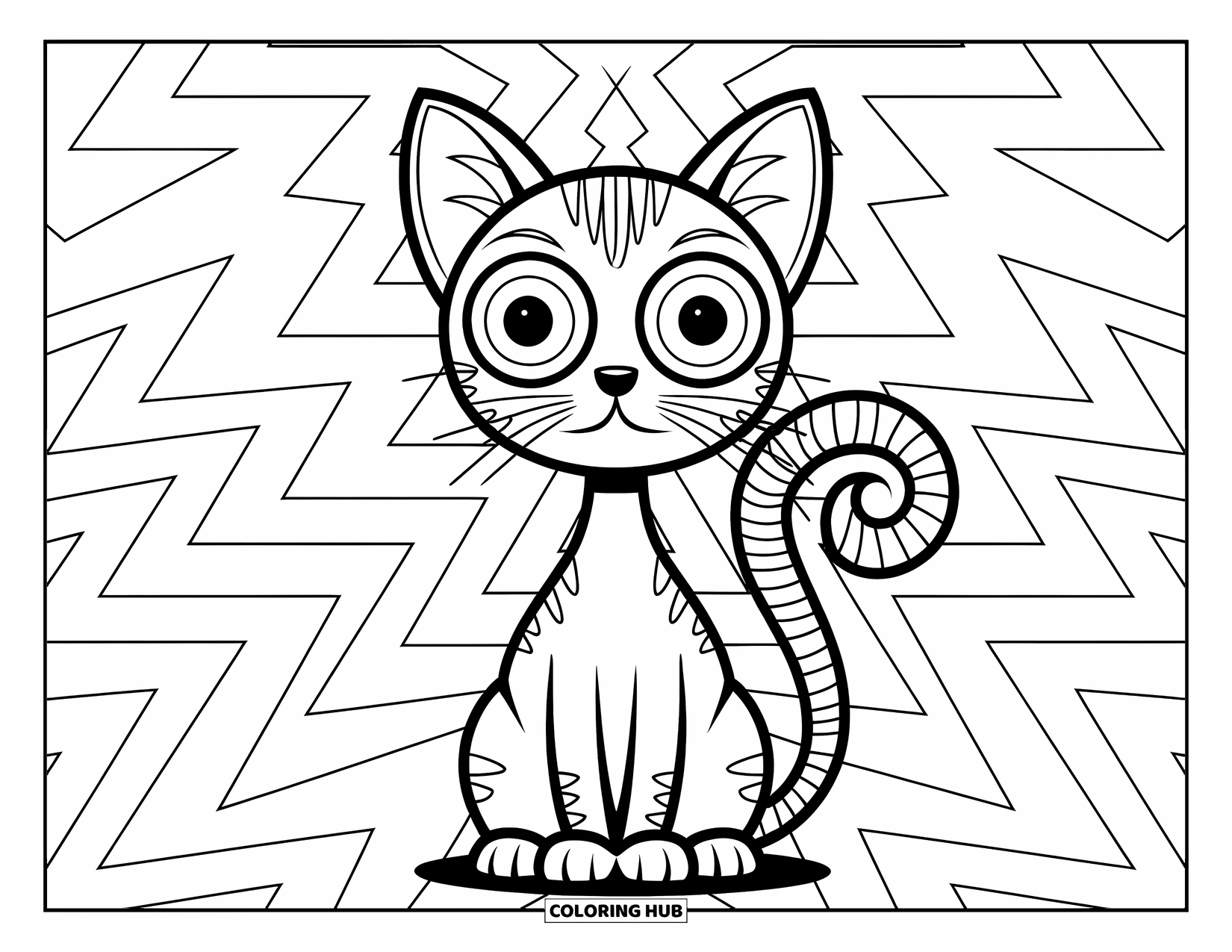 Creepy Trippy Coloring Page for Kids: A trippy cat with round eyes and a spiral tail sits among bold zigzag lines