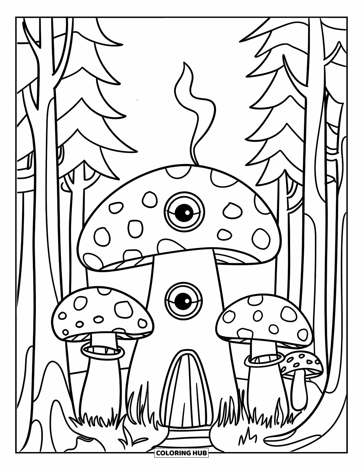 Creepy Trippy Coloring Page for Kids: A trippy toadstool village with odd windows and subtle eye-shaped smoke fills the forest