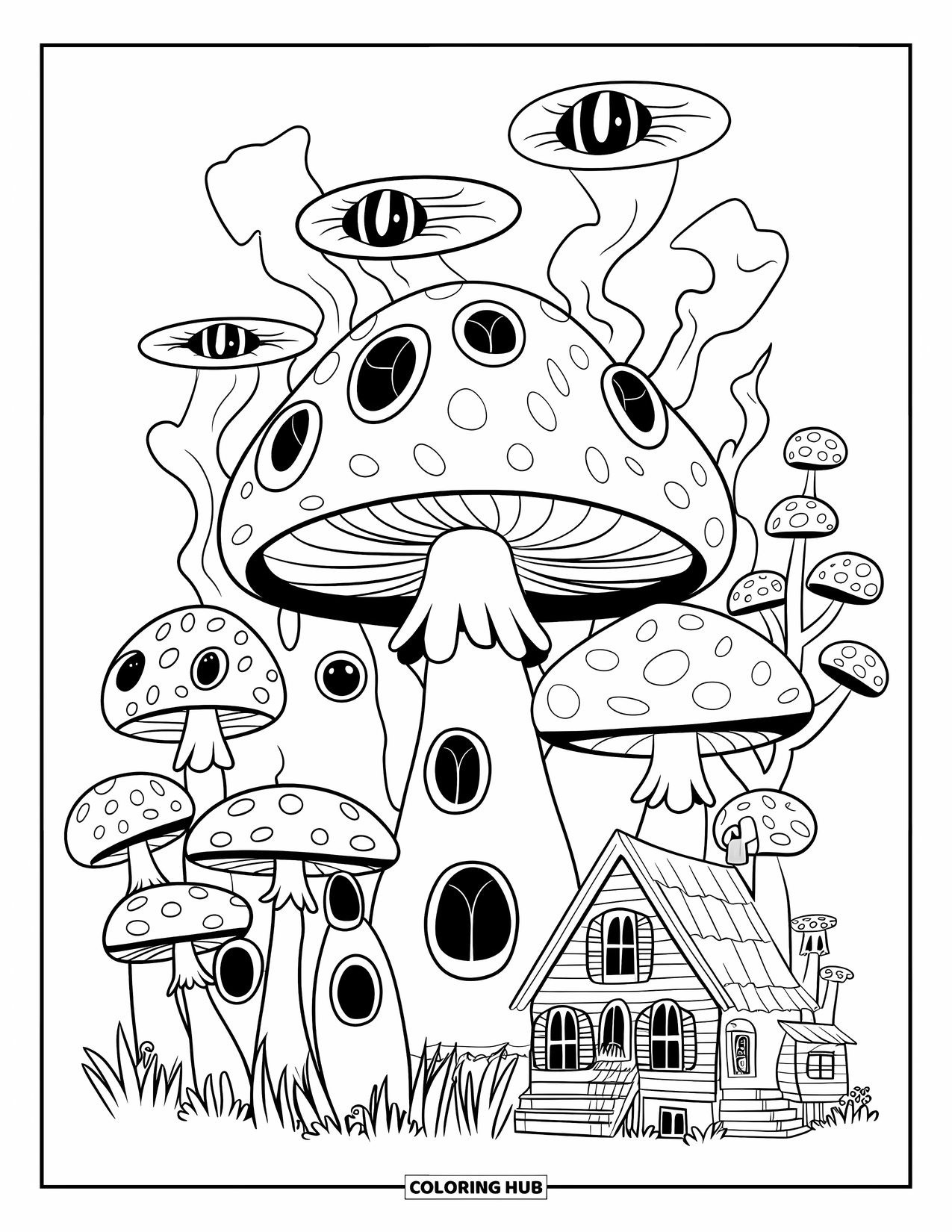Creepy Trippy Coloring Page for Kids: A trippy village of toadstools and a tree with mushroom-shaped fruits sits among tall trees