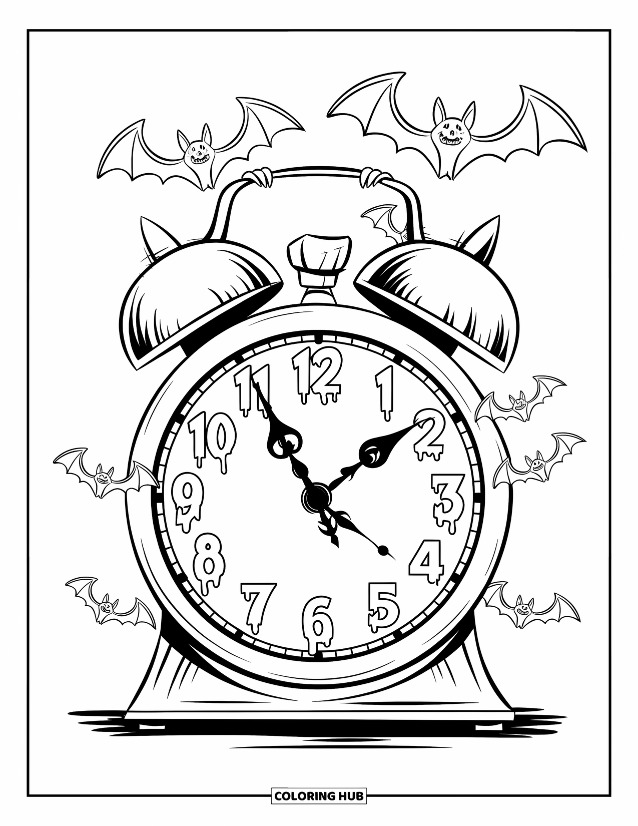 Creepy Trippy Coloring Page for Kids: Bats soar from a large gothic clock with melting numbers on a plain background