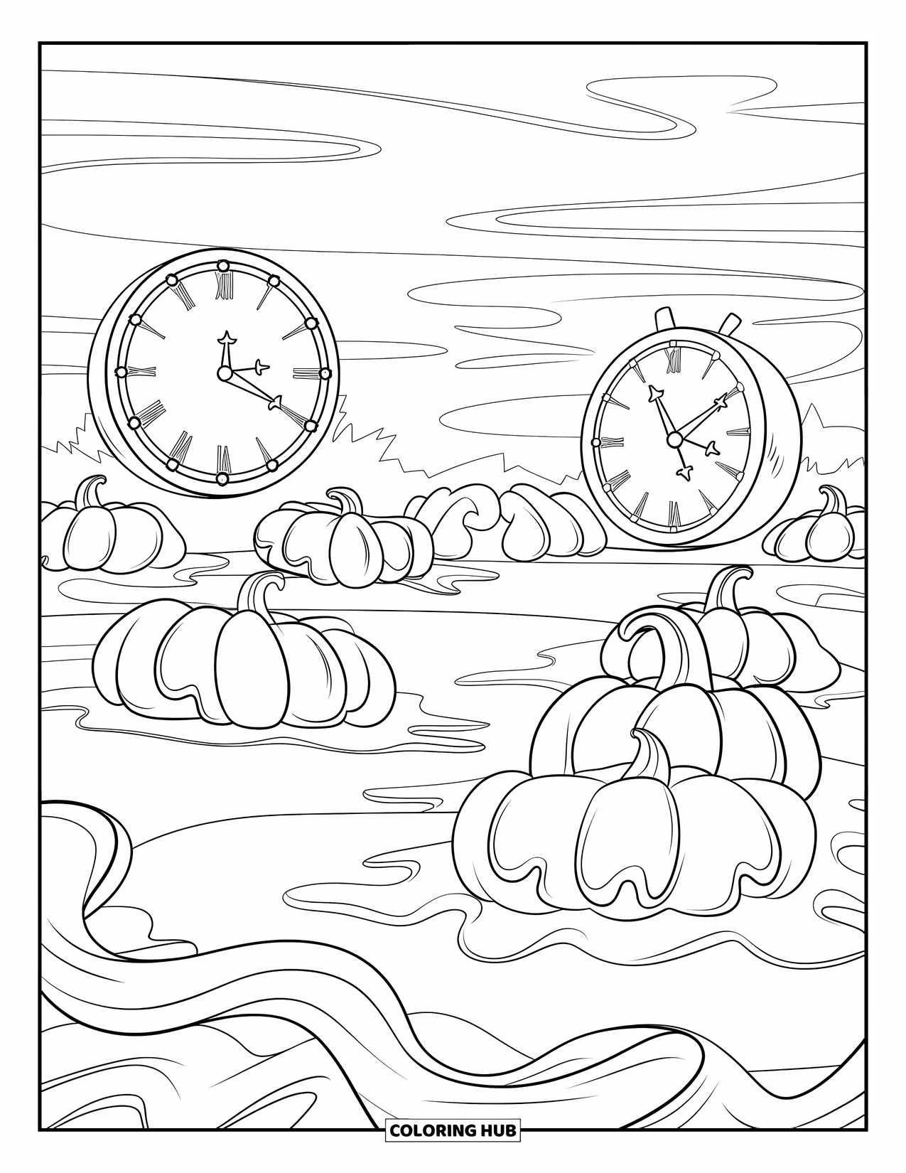 Creepy Trippy Coloring Page for Kids: Cracked clocks and melting pumpkins rest under swirling fog in a surreal misty sky