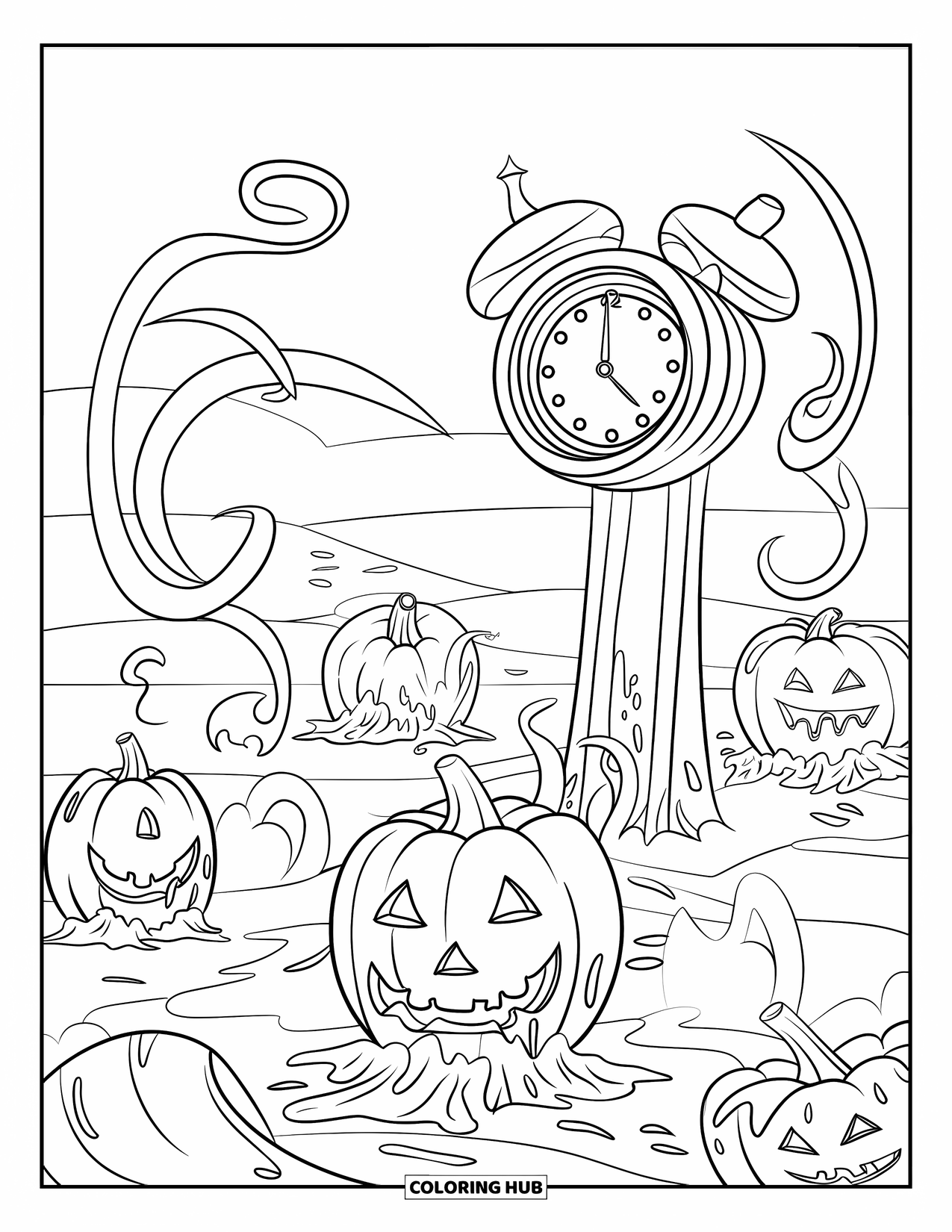 Creepy Trippy Coloring Page for Kids: Cracked clocks, melting pumpkins, and foggy tendrils fill a misty surreal landscape