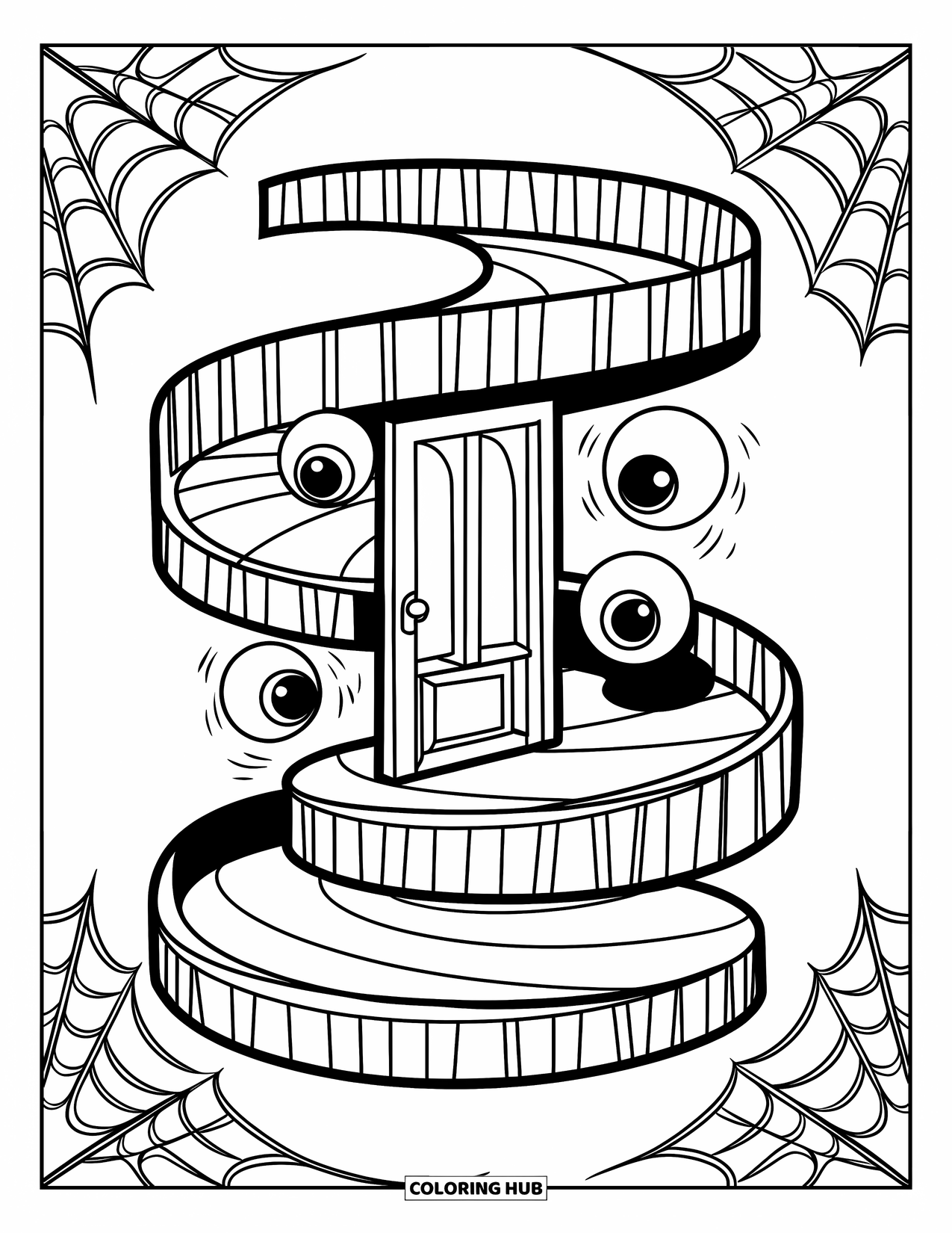 Creepy Trippy Coloring Page for Kids: Eyeballs peek from behind a spiral doorway surrounded by cobwebs and mystery