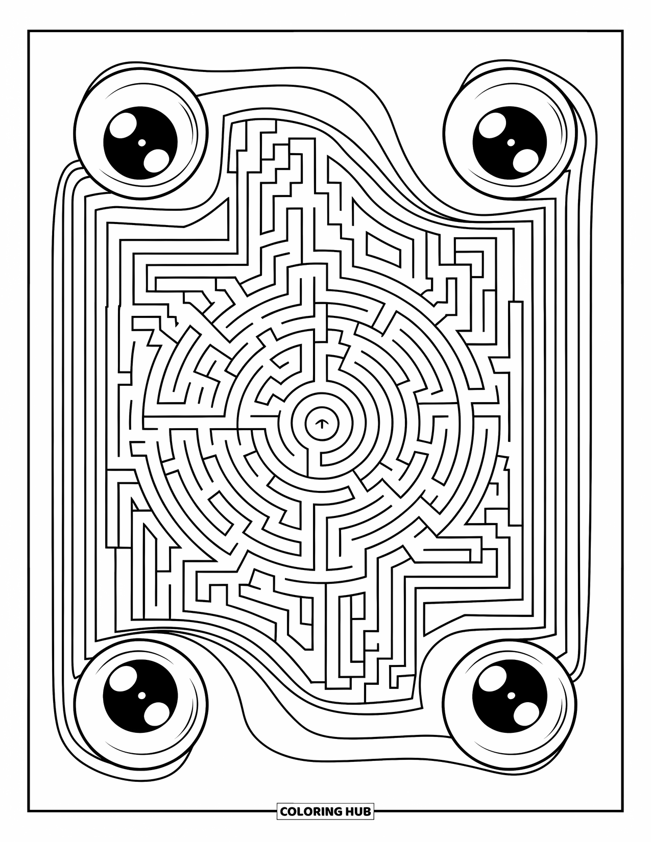Creepy Trippy Coloring Page for Kids: Eyeballs peek from corners of a thick, spiraling maze filled with twists and turns