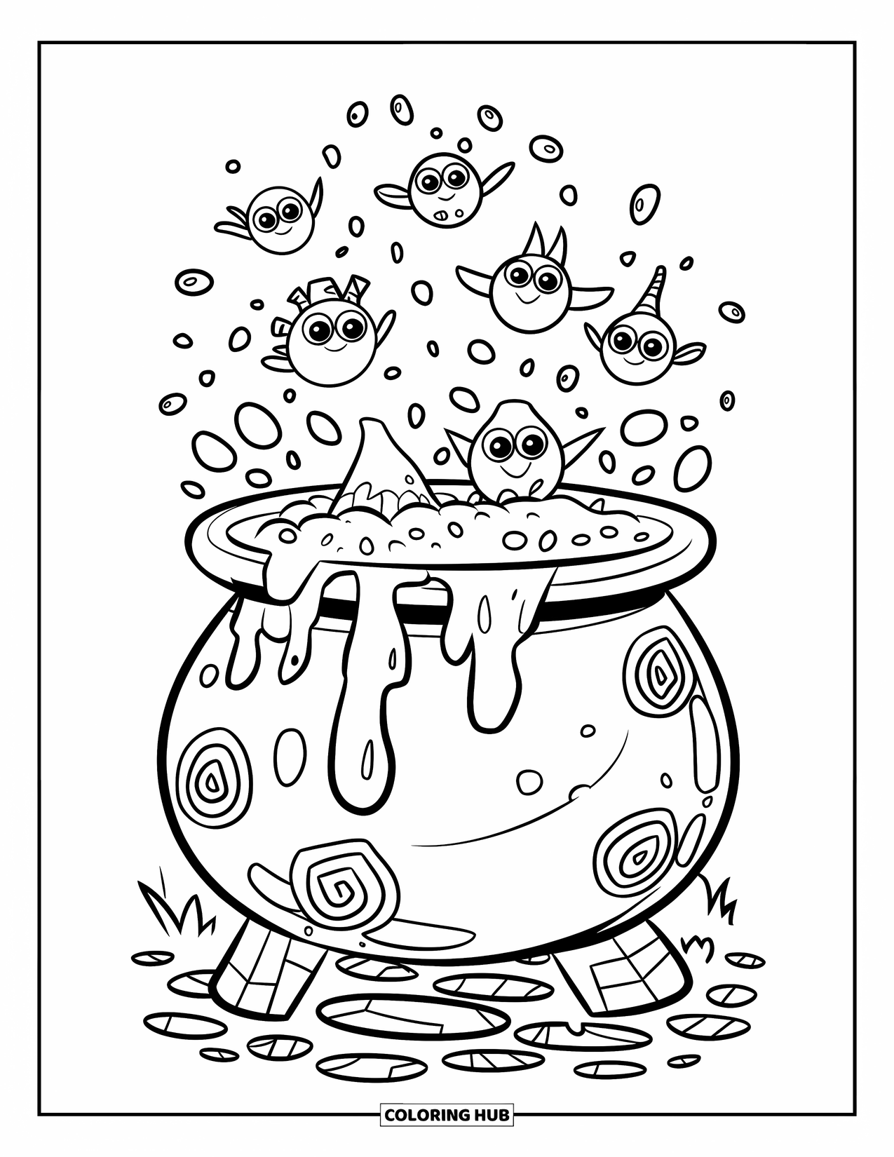 Creepy Trippy Coloring Page for Kids: Friendly potion creatures with large eyes swirl above a bubbling cauldron on a stone base