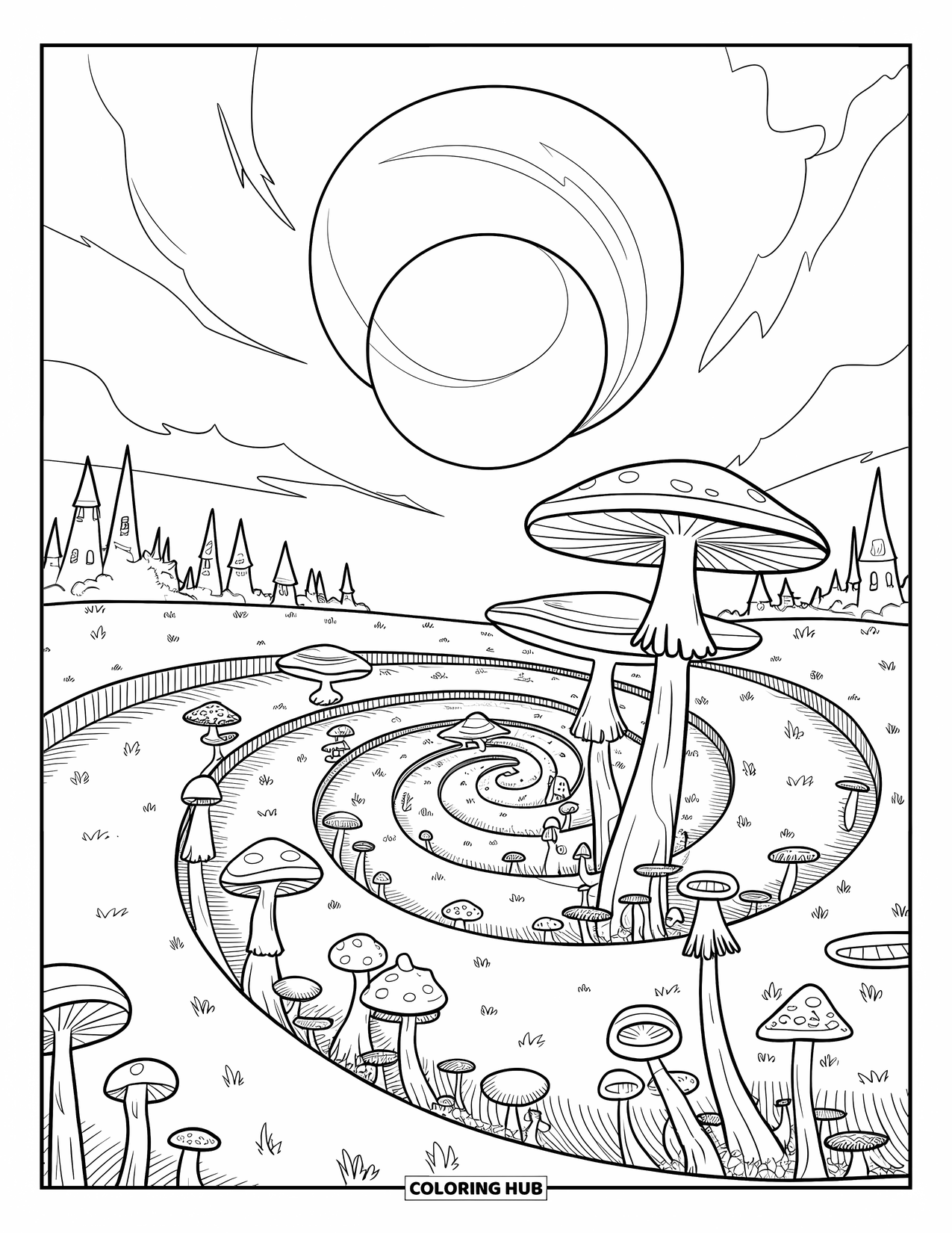 Creepy Trippy Coloring Page for Kids: Strange mushrooms sprout in a spiral field under three glowing moons and a distant castle