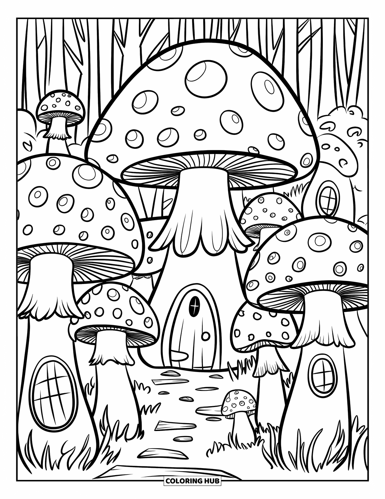 Creepy Trippy Coloring Page for Kids: Whimsical toadstools with patterned caps and odd windows create a magical forest village