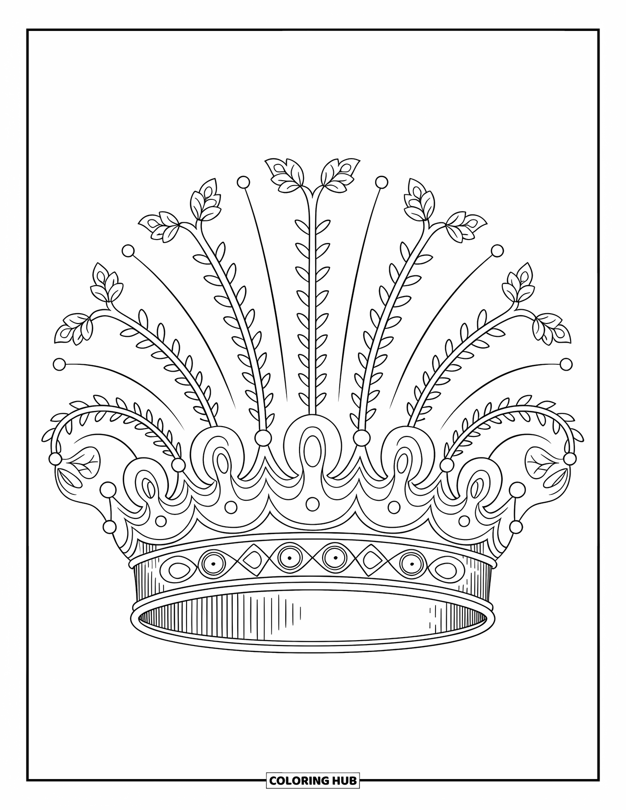 Crown Coloring Page for Adults: A baroque crown rests in a layout of leafy vines and filigree swirls