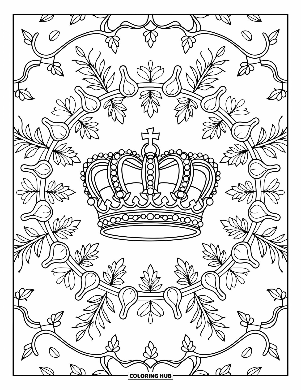 Crown Coloring Page for Adults: A baroque crown with vines and leaves forms a graceful, radial design