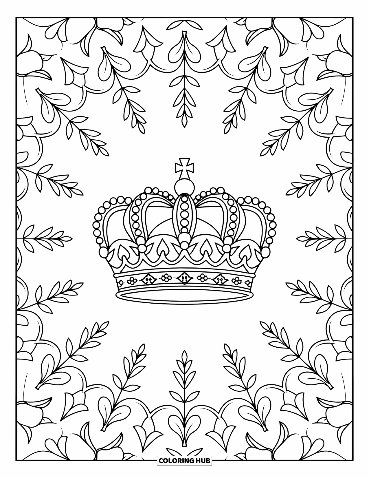Crown Coloring Page for Adults: A classic crown sits in a pattern of leaves and baroque-style filigree