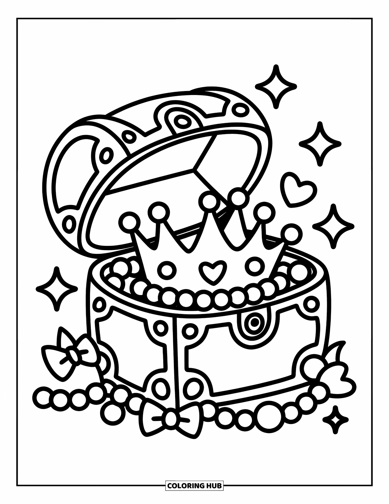 Crown Coloring Page for Adults: A cozy chest opens to show a crown nestled with pearls and playful gems