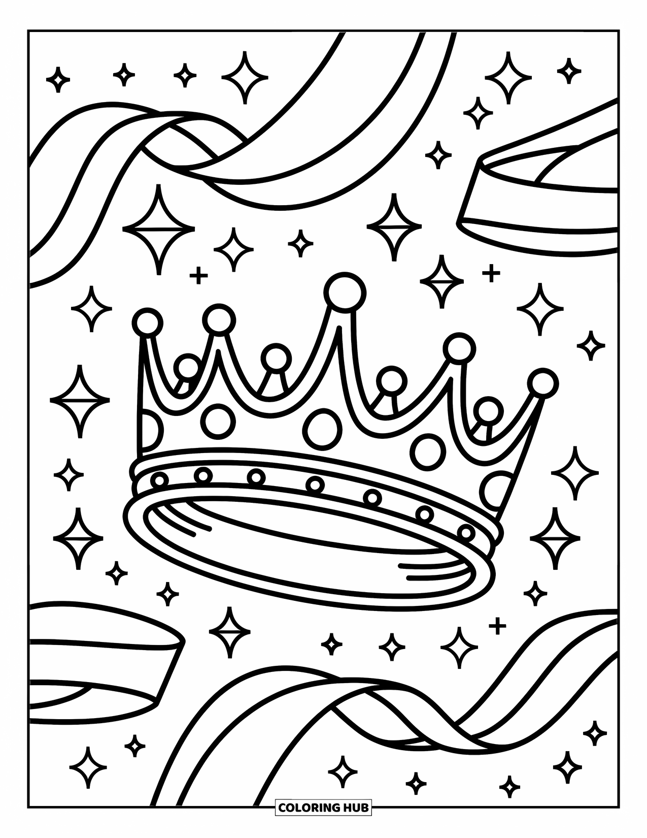 Crown Coloring Page for Adults: A crown hovers with ribbon swirls, magical gems, and playful sparkles