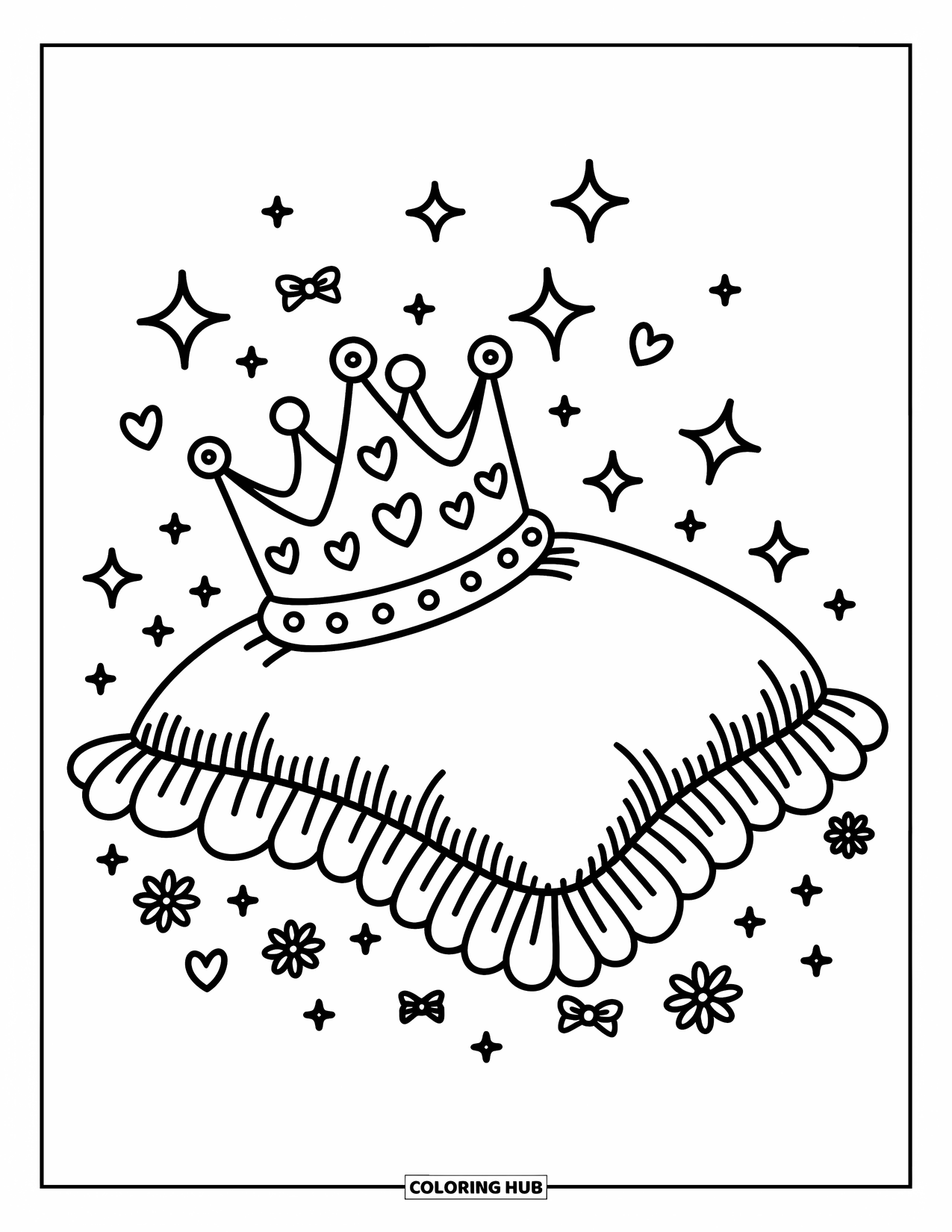 Crown Coloring Page for Adults: A crown rests on a cozy pillow with tiny bows, sparkles, and flower petals