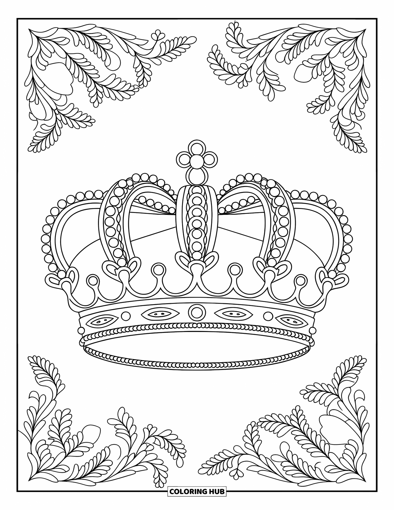 Crown Coloring Page for Adults: A crown with baroque details is surrounded by elegant vines and leaves