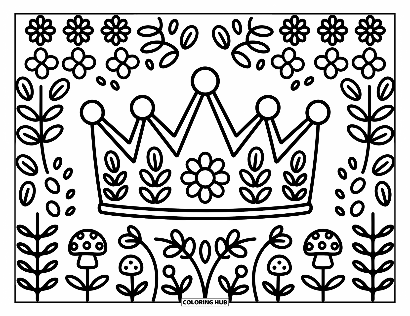 Crown Coloring Page for Adults: A daisy-gem crown rests among flowers, mushrooms, and playful leaves with curly ends