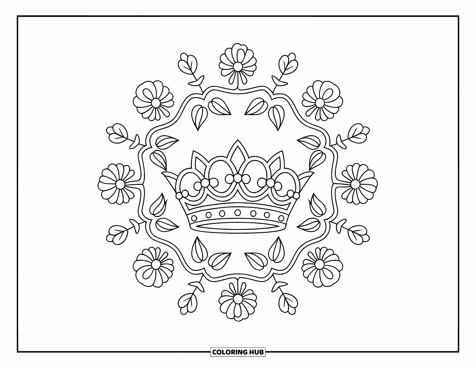Crown Coloring Page for Adults: A detailed crown is surrounded by a radial layout of flowers and vines
